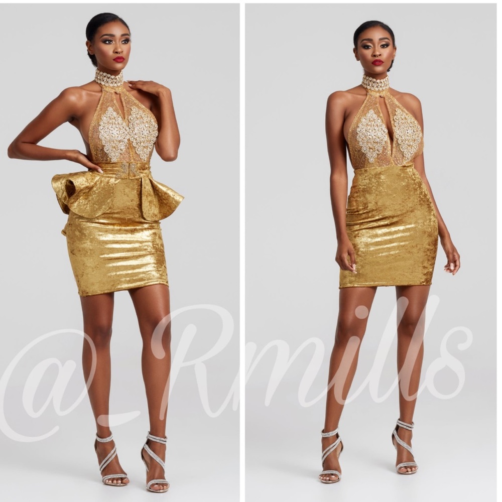 Kyra , vintage-style keyhole bodycon dress gold